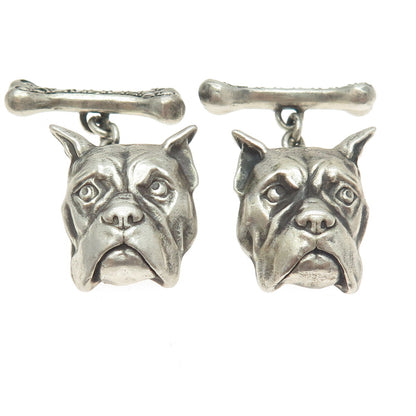 925 Sterling Silver Vintage Real Round-Cut Champagne Diamond Pit Bull Cufflinks