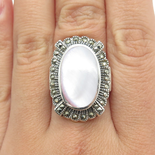 925 Sterling Silver Vintage Real Mother-of-Pearl & Marcasite Ring Size 6.75