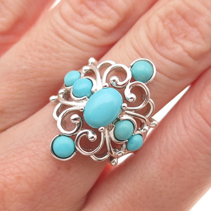 925 Sterling Silver Real Sleeping Beauty Turquoise Floral Cross Ring Size 8