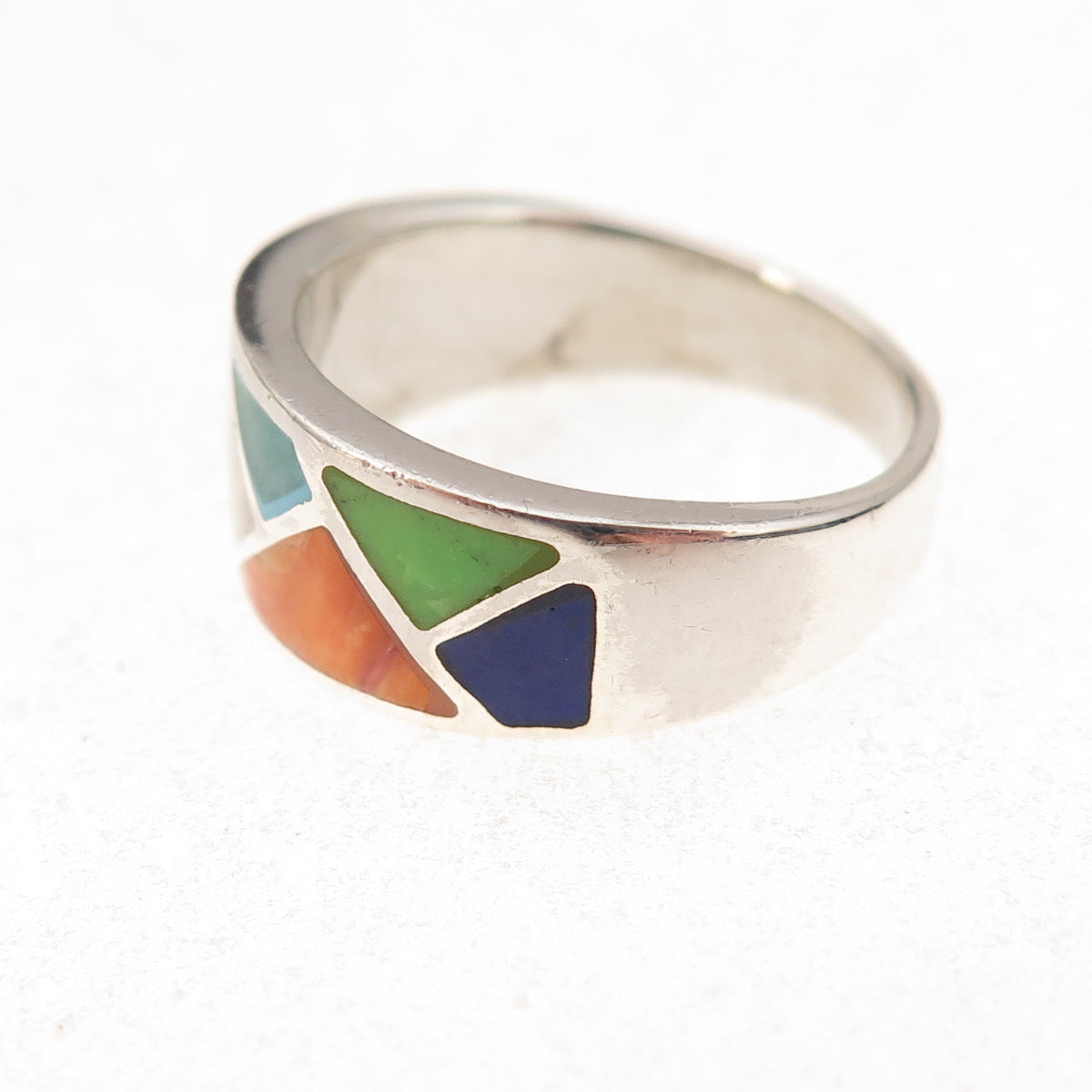 925 Sterling Silver Vintage Real Opal Turquoise Spiny Oyster & Lapis Ring Size 6