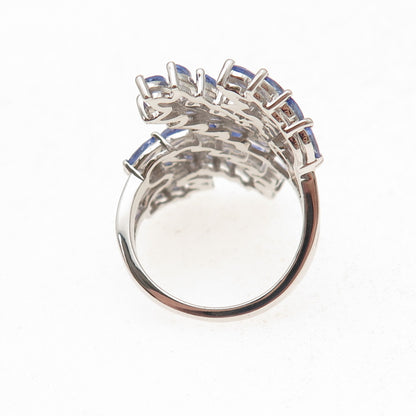 925 Sterling Silver Real Tanzanite & White Topaz Floral Adjustable Ring Size 8