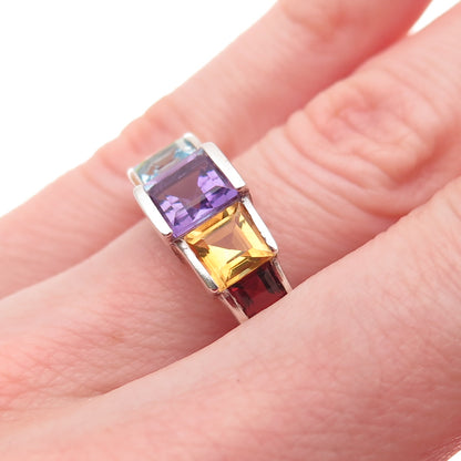 925 Sterling Vintage Real Amethyst Blue Topaz Peridot Citrine Garnet Ring Size 6