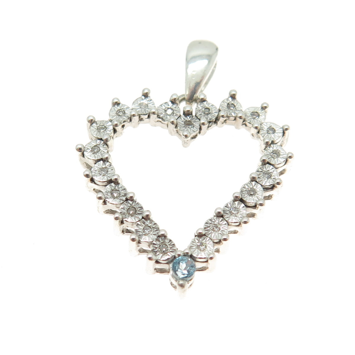 925 Sterling Silver Real Round-Cut Diamond & Nano Aquamarine Heart Pendant