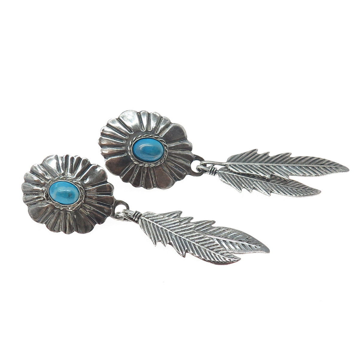 925 Sterling Silver Vintage Mexico Real Turquoise Feather Oxidized Earrings
