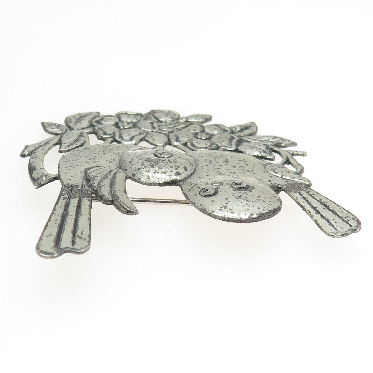 925 Sterling Silver Vintage Bird Couple Floral Blossom Pin Brooch