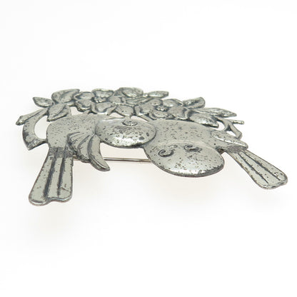 925 Sterling Silver Vintage Bird Couple Floral Blossom Pin Brooch