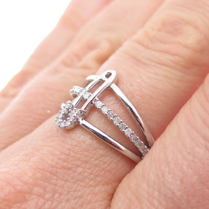 925 Sterling Silver Real Round-Cut Diamond Safety Pin 3-Row Ring Size 7