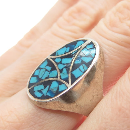 Old Pawn 925 Sterling Silver Vintage Southwestern Turquoise Inlay Ring Size 10