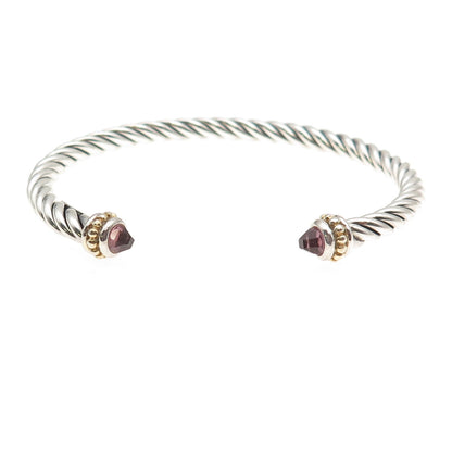 925 Sterling Silver 2-Tone Real Amethyst Cable Cuff Adjustable Bracelet 6.25"