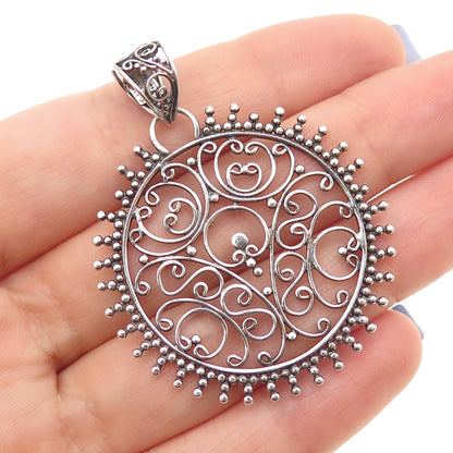 925 Sterling Silver Vintage Ornate Swirl Granulated Oxidized Pendant