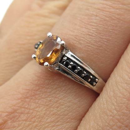 TGGC 925 Sterling Silver Real Citrine & Black Spinel Ring Size 7