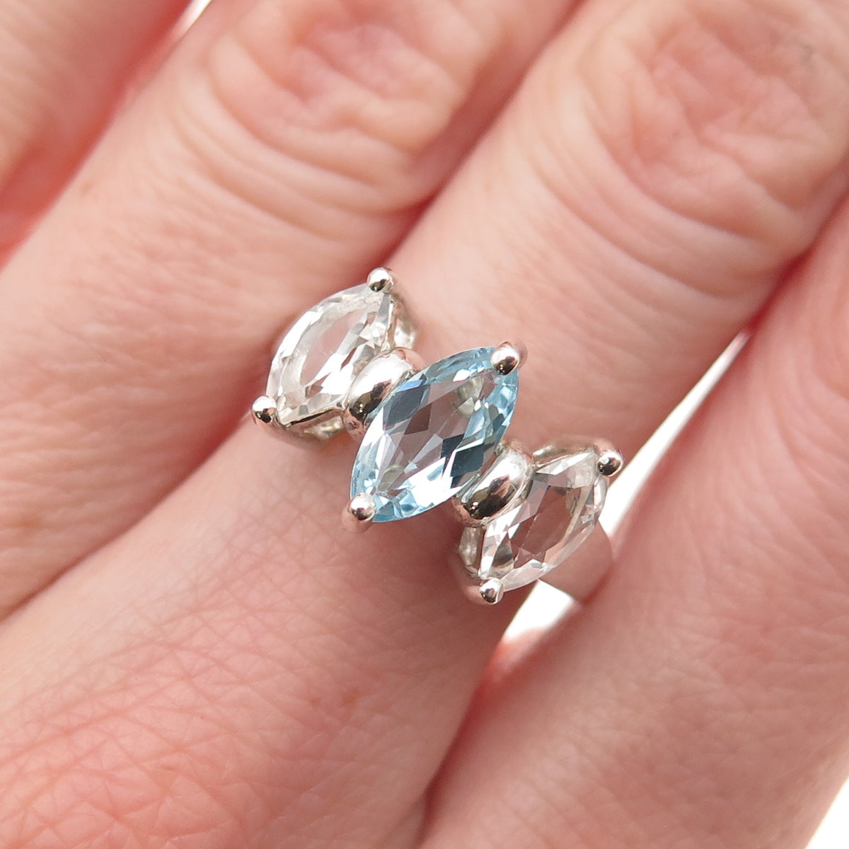 925 Sterling Silver Vintage Real Marquise-Cut Blue & White Topaz Ring Size 7.25