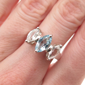 925 Sterling Silver Vintage Real Marquise-Cut Blue & White Topaz Ring Size 7.25