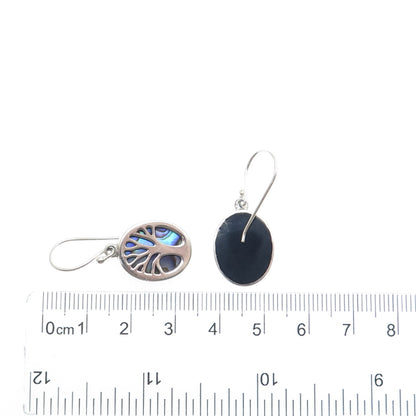 925 Sterling Silver Vintage Real Abalone Shell Tree of Life Dangle Earrings