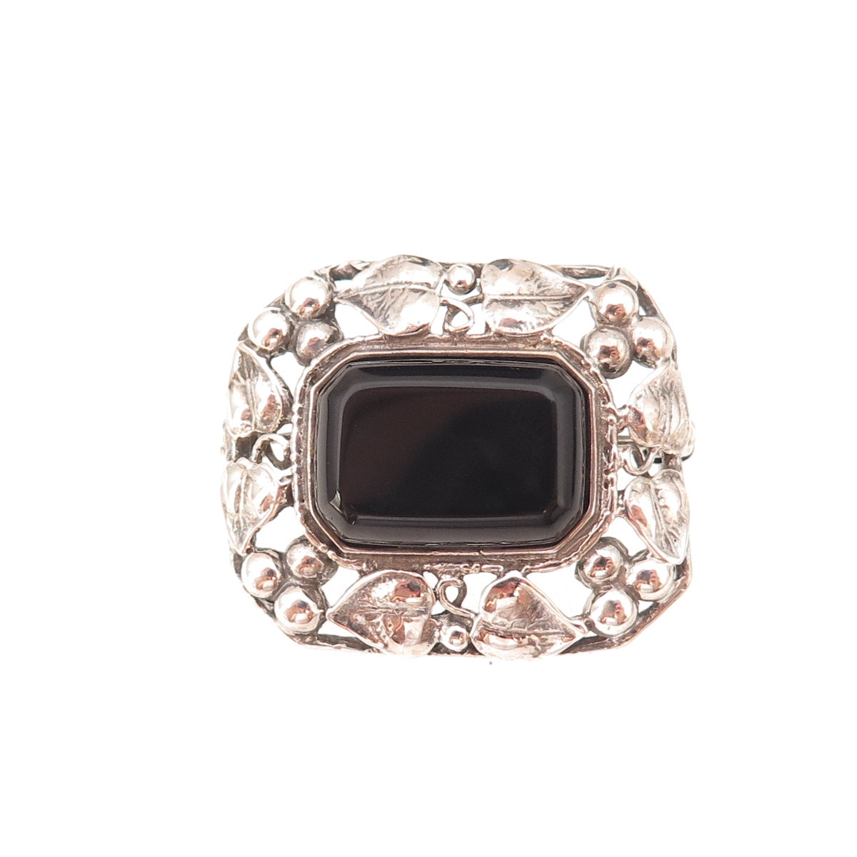 925 Sterling Silver Vintage Real Black Onyx Floral Oxidized Pin Brooch