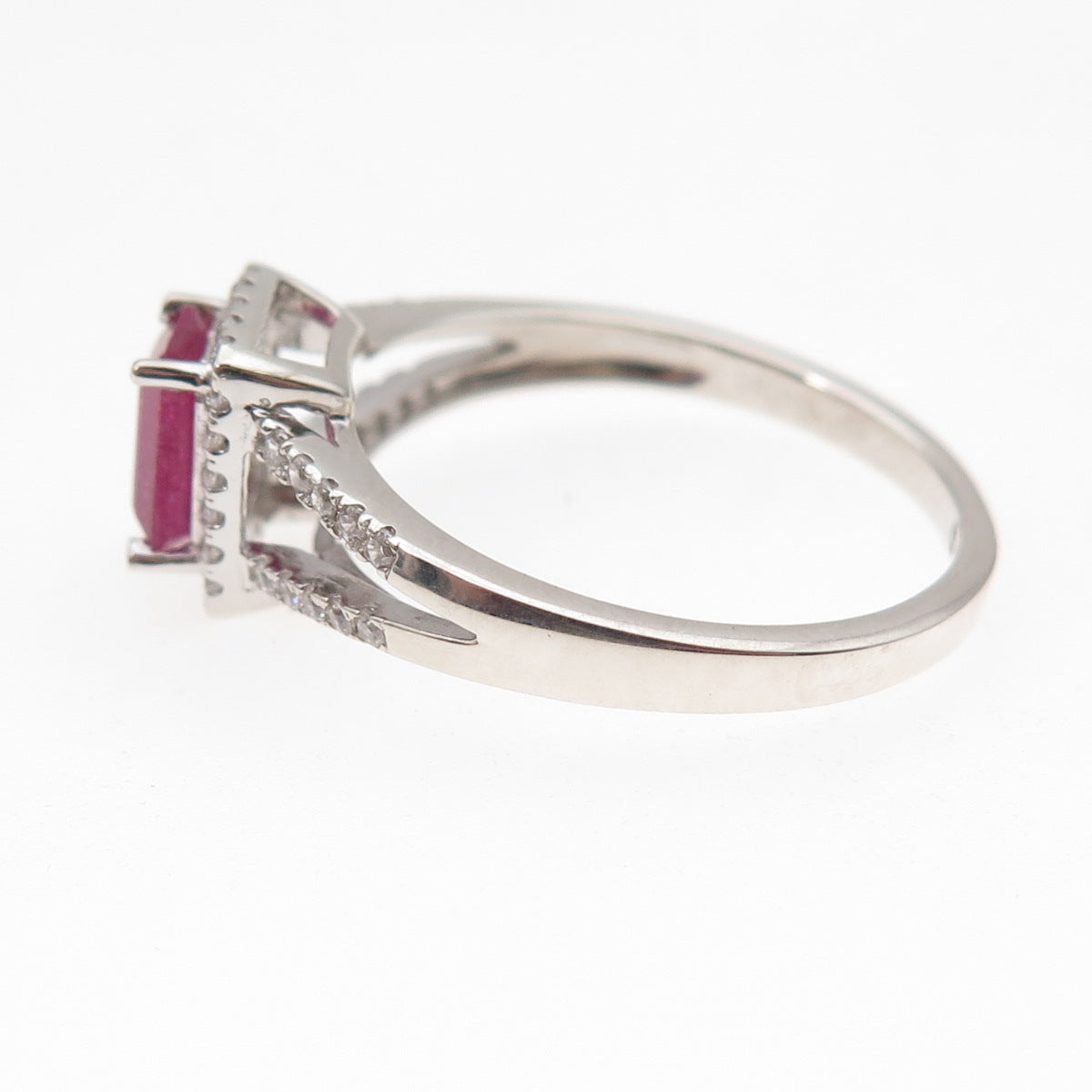925 Sterling Silver Real Emerald-Cut Ruby & Round-Cut C Z Ring Size 9