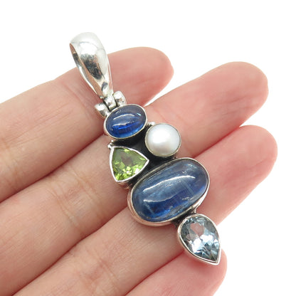 925 Sterling Silver Vintage Real Sapphire Topaz Peridot & Pearl Cluster Pendant