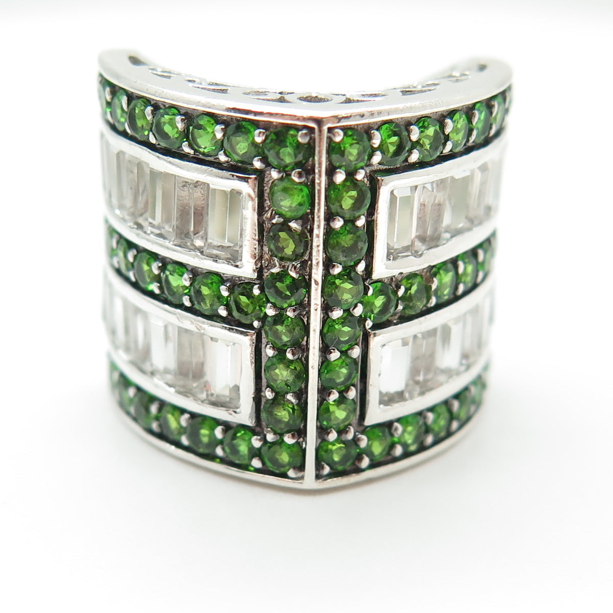 925 Sterling Silver Real Emerald-Cut White Topaz & Round-Cut Peridot Ring Size 7