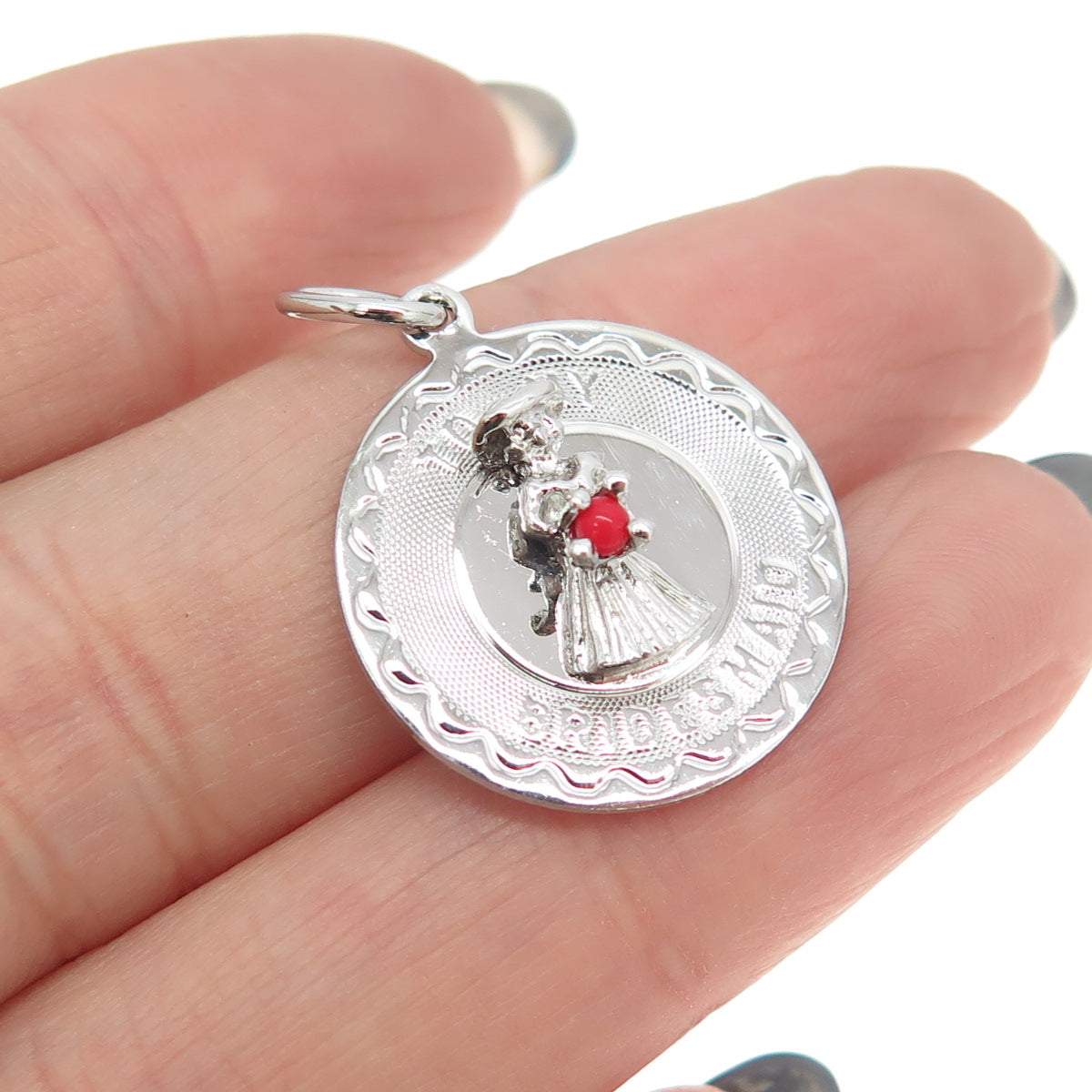 ELCO 925 Sterling Silver Vintage Red Glass "To My Bridesmaid" Charm Pendant