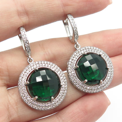 925 Sterling Silver White & Green C Z Dangling Earrings