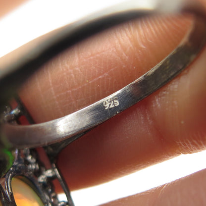 925 Sterling Silver Black Rhodium Real Opal & White Topaz Cluster Ring Size 6.75