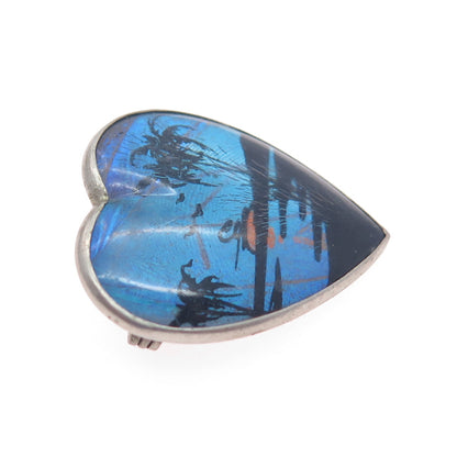 Silver-Tone Antique Art Deco Monarch Butterfly Wing Sunset Heart Pin Brooch