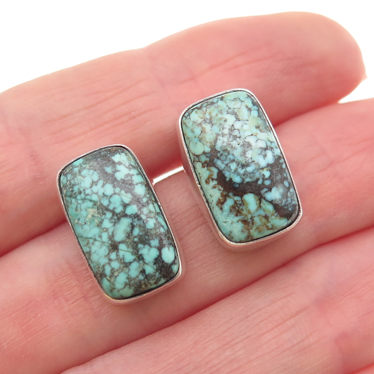 Old Pawn Sterling Silver Vintage Southwestern Peacock Turquoise Tribal Earrings