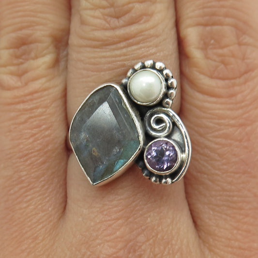 925 Sterling Silver Vintage Real Labradorite Amethyst & Pearl Ring Size 7.75