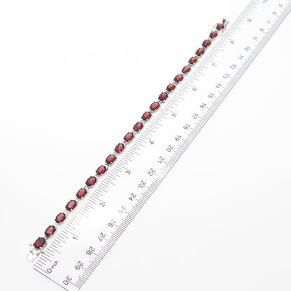 925 Sterling Silver Vintage Real Oval-Cut Red Garnet Tennis Link Bracelet 8"