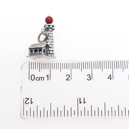 BEAU CRAFT 925 Sterling Antique Art Deco Real Coral Lighthouse Mini 3D Pendant