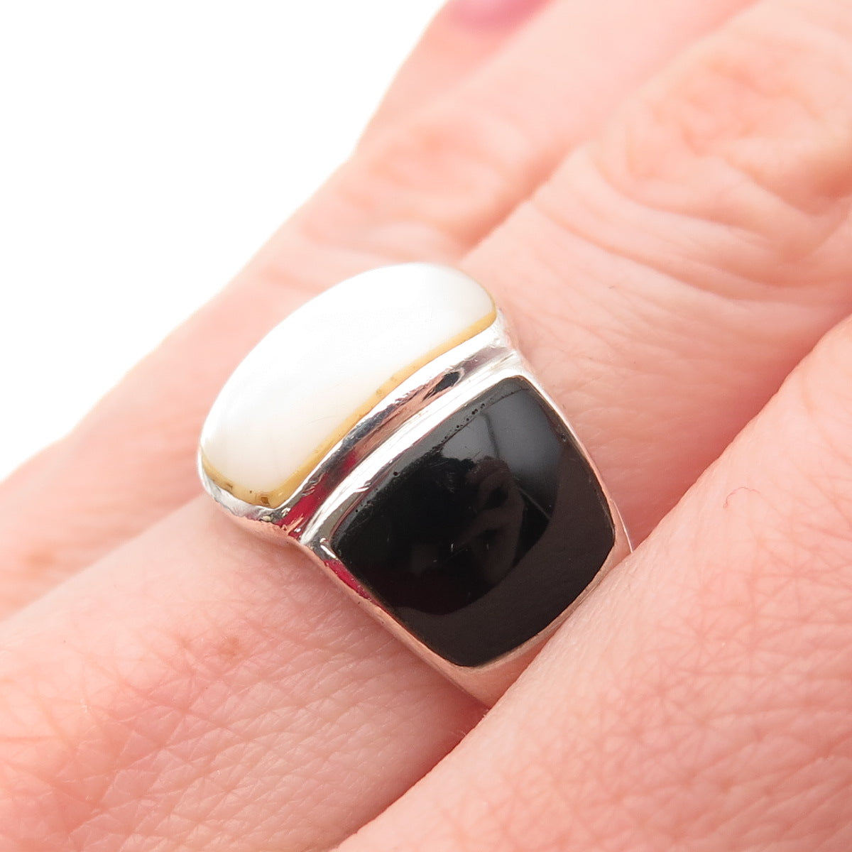 KEN CRAFTS Sterling Silver Vintage Real Black Onyx Carnelian & MOP Ring Size 6.5