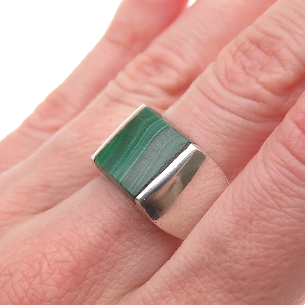 925 Sterling Silver Vintage Mexico Real Malachite Signet Ring Size 11