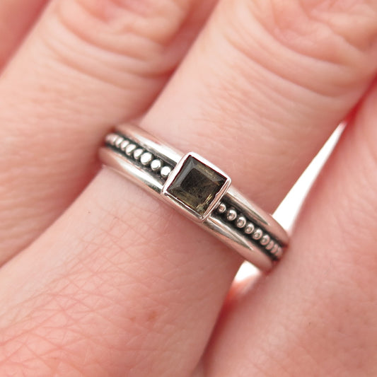 925 Sterling Silver Vintage Real Smoky Quartz Beaded Oxidized Ring Size 8