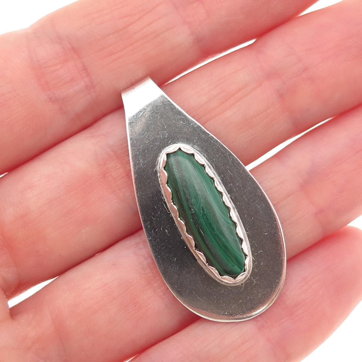 Old Pawn 925 Sterling Silver Vintage Southwestern Malachite Tribal Slide Pendant