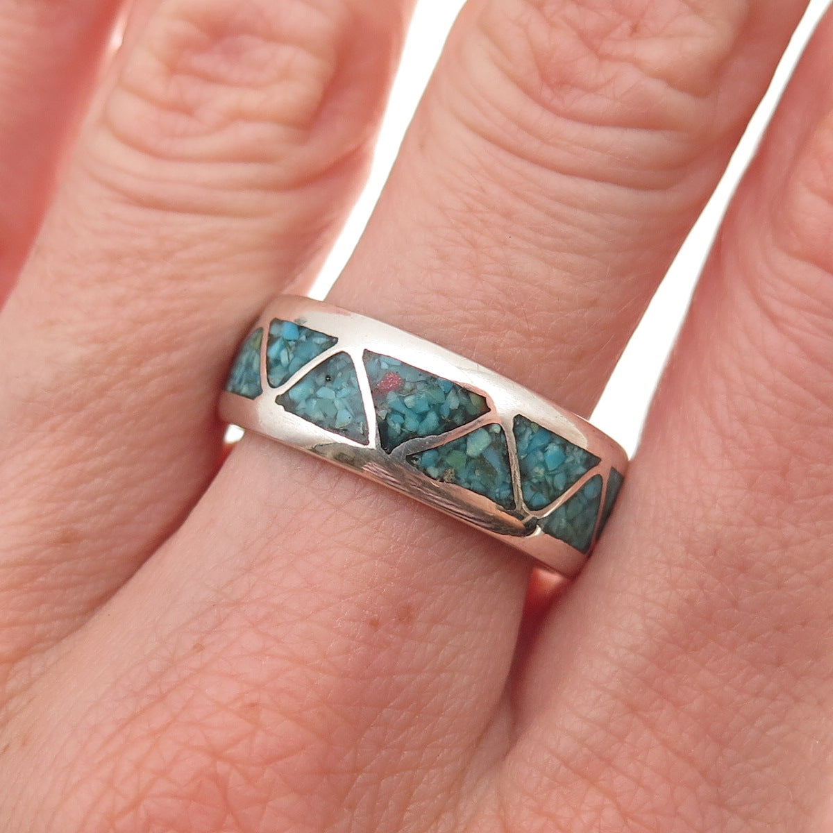 Old Pawn 925 Sterling Silver Vintage Turquoise Inlay Tribal Band Ring Size 9.75