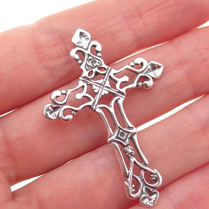 925 Sterling Silver Vintage Fleur de Lis Cross Oxidized Slide Pendant