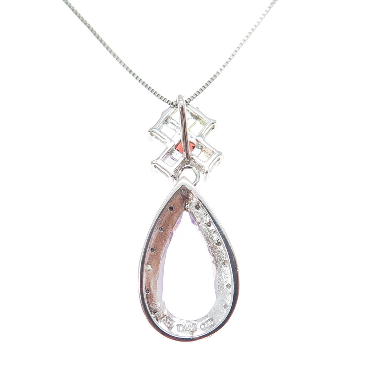 925 Sterling Silver Real Diamond & Multi-Color Gem Box Chain Necklace 18"