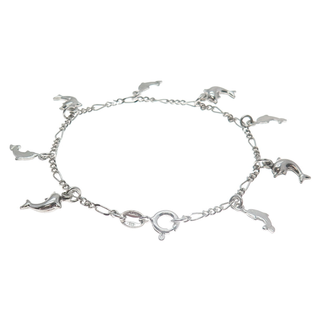 925 Sterling Silver Italy Dolphin Charms Figaro Link Bracelet 7"