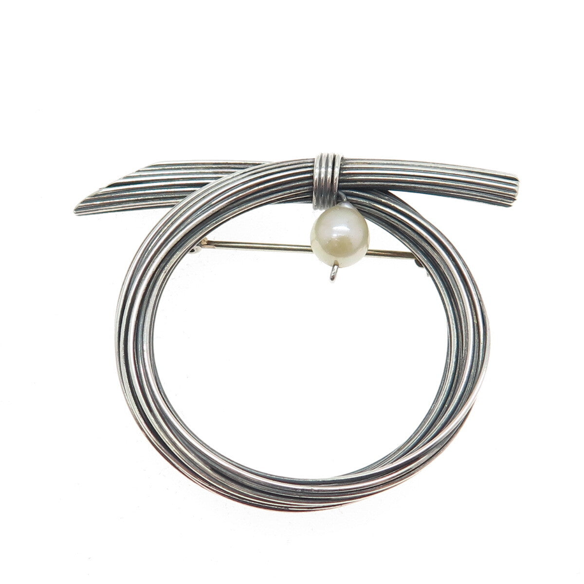 925 Sterling Silver Vintage Real Pearl Modernist Oxidized Pin Brooch