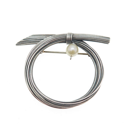 925 Sterling Silver Vintage Real Pearl Modernist Oxidized Pin Brooch