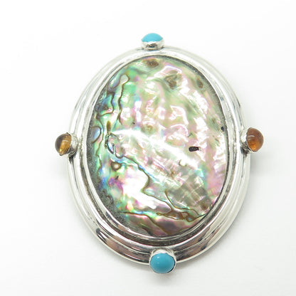 925 Sterling Silver Vintage Abalone Shell Turquoise Citrine Large Pin Pendant