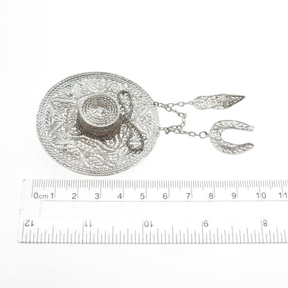 925 Sterling Silver Antique Art Deco Ladies Hat Filigree Pin Brooch