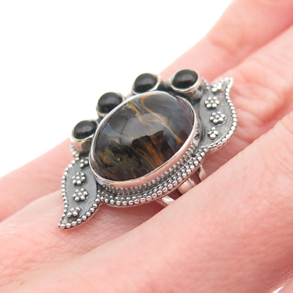 925 Sterling Silver Vintage Real Black Tiger Eye & Onyx Modernist Ring Size 6.25