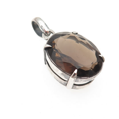 925 Sterling Silver Vintage Real Oval-Cut Smoky Quartz Charm Pendant