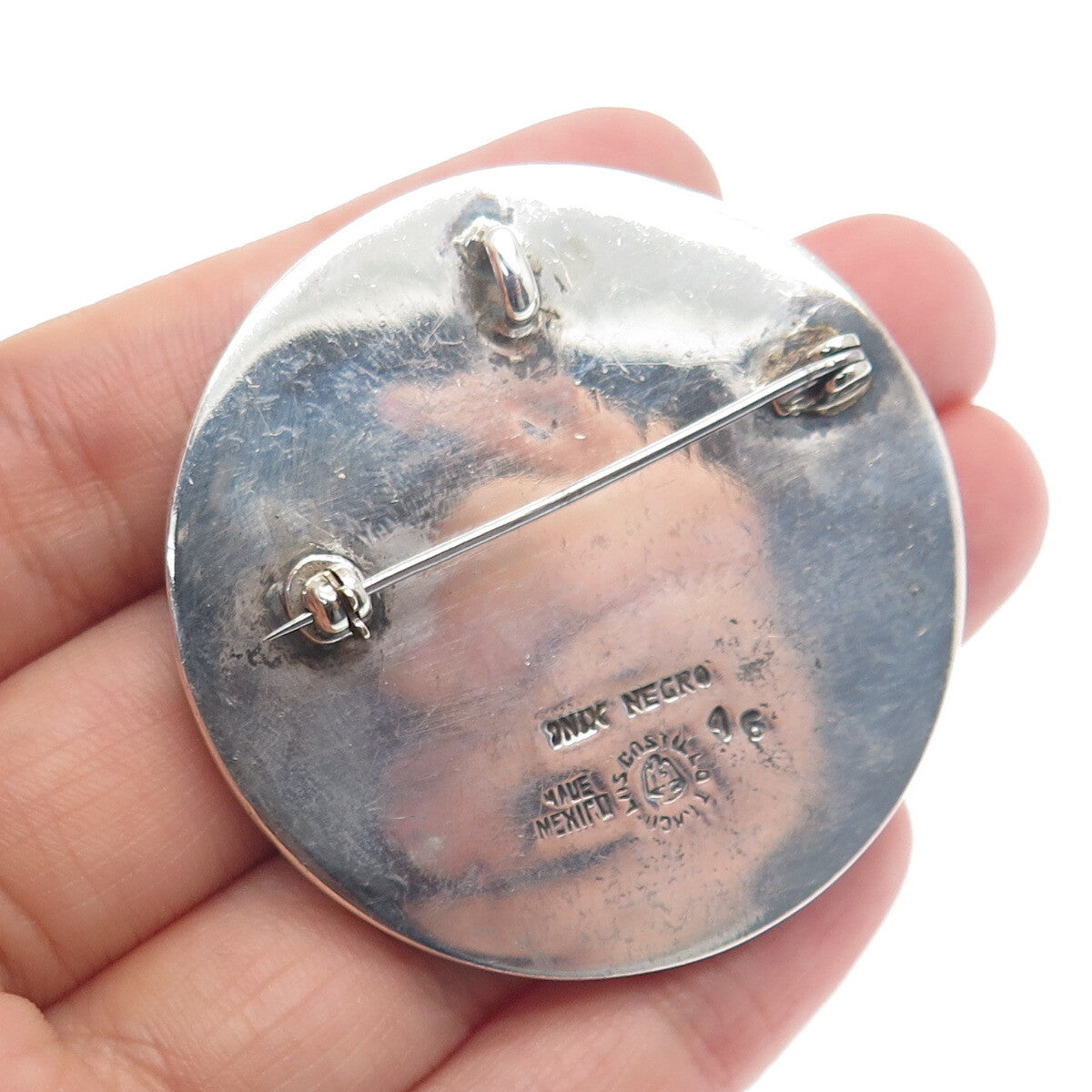 LOS CASTILLO 925 Sterling Silver Vintage Mexico Real Black Onyx Pin Pendant #46