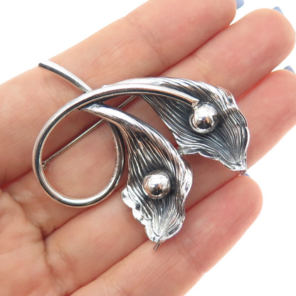 BEAU 925 Sterling Silver Vintage Modernist Calla Lily Oxidized Pin Brooch
