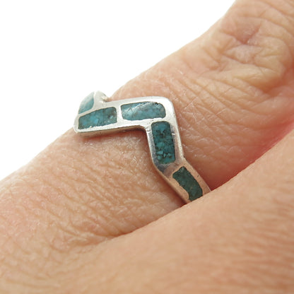 Old Pawn 925 Sterling Silver Vintage Real Turquoise Inlay Zig Zag Ring Size 5.25