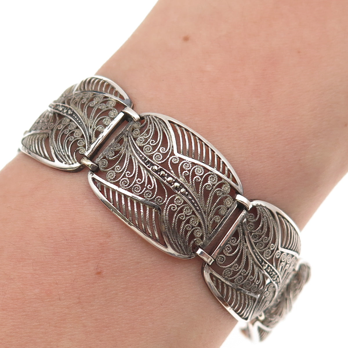 835 Silver Antique Art Deco Real Marcasite Filigree Panel Link Bracelet 6.5"