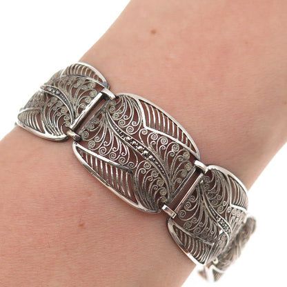 835 Silver Antique Art Deco Real Marcasite Filigree Panel Link Bracelet 6.5"