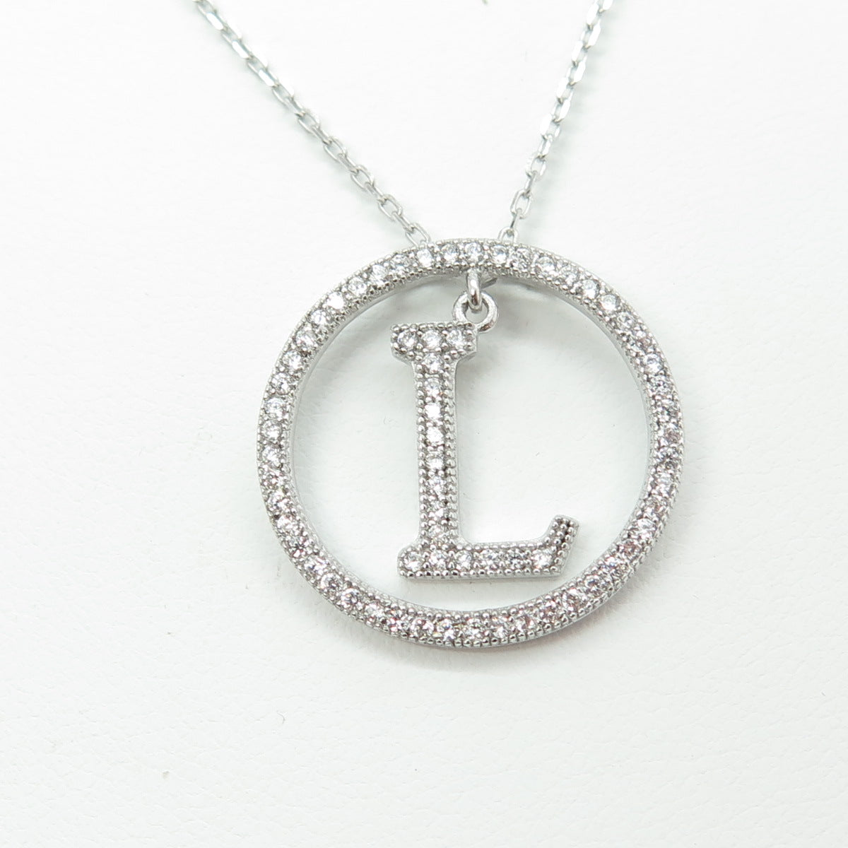 925 Sterling Silver Round-Cut C Z Letter "L" Initial Cable Chain Necklace 16-18"